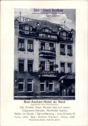 Ak Aachen, Hotel du Nord, gegenüber dem Hauptbahnhof