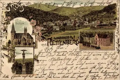 Litho Plettenberg im Sauerland, Gesamtansicht, Ev. Kirche, Straßenbahn, Kriegerdenkmal