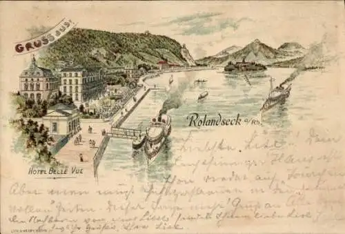 Litho Rolandseck Remagen am Rhein, Hotel Belle Vue, Kloster Nonnenwerth, Dampfschiffe