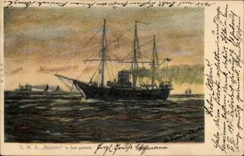 Künstler Ak Deutsches Kriegsschiff, SMS Blücher, Gedeckte Korvette, Kaiserliche Marine