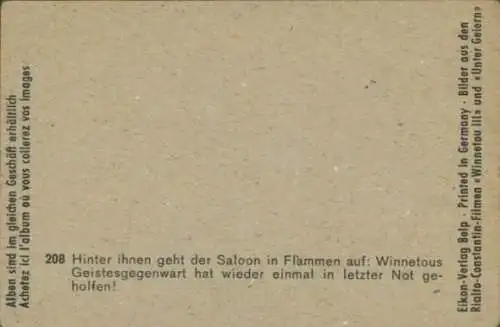 Sammelbild Karl May, Filmszene, Winnetou III, Unter Geiern, brennender Saloon, Nr. 208