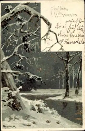 Präge Künstler Ak Glückwunsch Weihnachten, Bäume, Schnee, Sterne