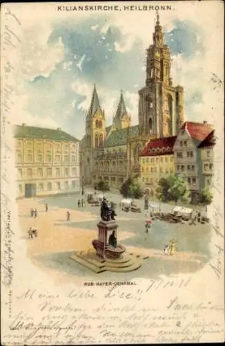 Litho Heilbronn am Neckar, Kilianskirche, Mayer-Denkmal