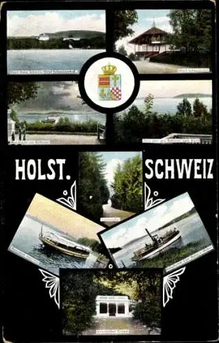 Ak Malente Holsteinische Schweiz, Griechischer Tempel, Hotel Schweizerhof, Boote