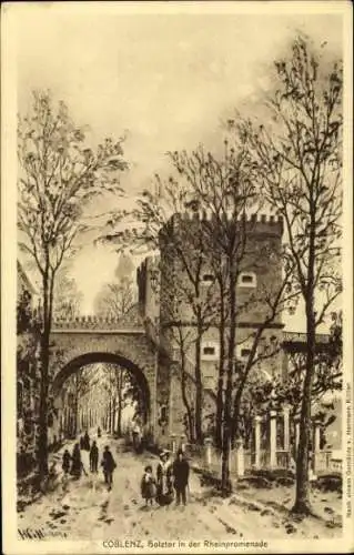 Künstler Ak Koblenz am Rhein, Holztor, Rheinpromenade