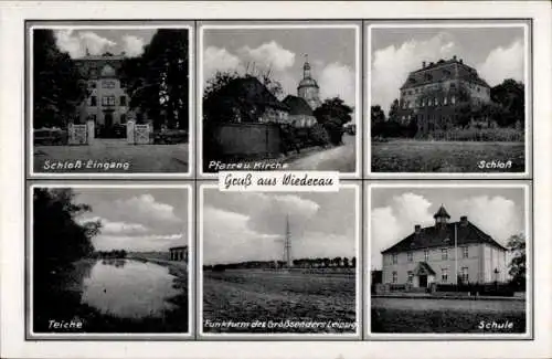 Ak Wiederau in Sachsen, Schlosseingang, Pfarre, Kirche, Schloss, Teiche, Funkturm Großsender Leipzig