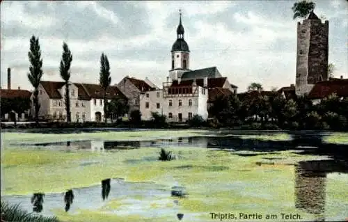 Ak Triptis in Thüringen, Teich, Turm, Kirche