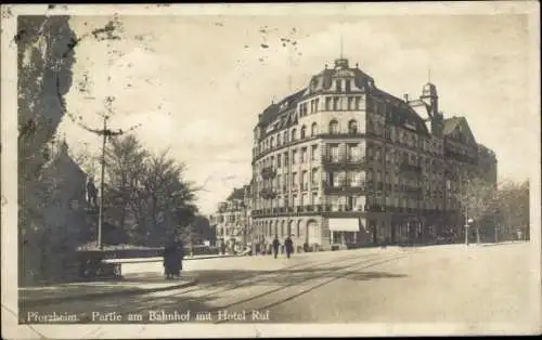 Ak Pforzheim im Schwarzwald, Bahnhof, Hotel Ruf