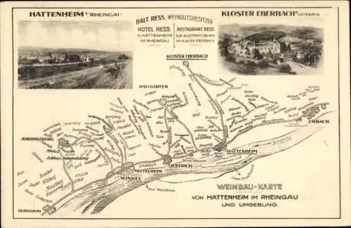 Landkarten Ak Hattenheim Eltville am Rhein Hessen, Kloster Eberbach, Weinbau-Karte, Hellgarten