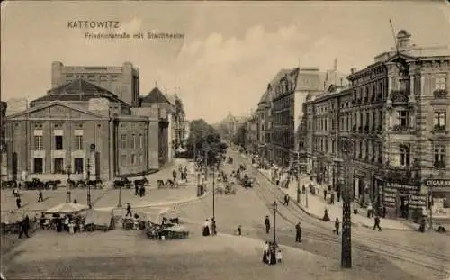 Ak Katowice Kattowitz Oberschlesien, Friedrichstraße, Stadttheater