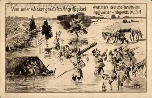 Künstler Ak Vom unter Wasser gesetzten Angriffsgebiet, deutsche Planschwiese, nirgends Wuttki