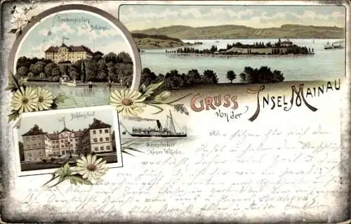 Litho Insel Mainau im Bodensee, Landungsplatz mit Schloss, Hof, Dampfschiff Kaiser Wilhelm