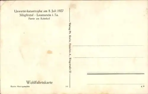 Ak Lauenstein Altenberg im Erzgebirge, Bahnhof, Unwetterkatastrophe 8.7.1927, Müglitztal