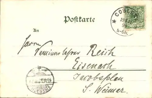 Litho Frau mit Postkarte in der Hand, Porträt, Vergissmeinnicht