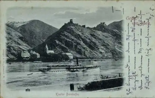 Mondschein Ak Bornhofen am Rhein, Kloster, Dampfer