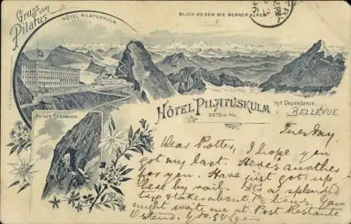 Litho Kanton Luzern Schweiz, Hotel Pilatuskulm, Dependance Bellevue, Eselwand, Bergbahn