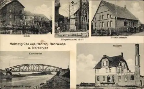 Ak Rehrwiehe Nordbruch Rehren Hohnhorst in Schaumburg, Mühle, Kriegerdenkmal, Haushaltsverein