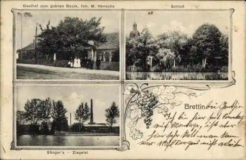 Ak Brettin Jerichow an der Elbe, Gasthof zum grünen Baum, Schloss, Sängers Ziegelei