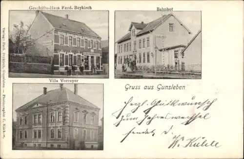 Ak Gunsleben in der Magdeburger Börde, Bahnhof, Geschäftshaus Ferd. Beykirch, Villa Vorreyer