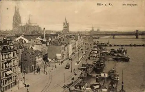 Ak Köln am Rhein, Panorama, Brücke, Anleger, Dom, Am Rheinufer