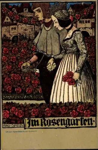 Künstler Litho Spiegel, Ferdinand, Rosengarten, Paar