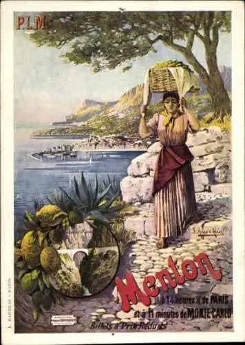 Künstler Ak Frau in Volkstracht, Korb, Werbung, Reise, Menton, Monte Carlo