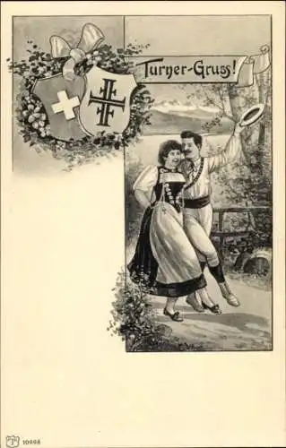 Wappen Litho Turner Gruß, Liebespaar, Schweizerische Volkstracht