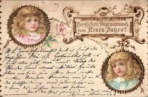 Litho Glückwunsch Neujahr, Mädchen-Porträts