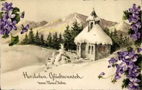 Ak Glückwunsch Neujahr, Kirche, Blumen