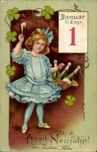 Litho Glückwunsch Neujahr, Mädchen in blauem Kleid, Kalender, Sekt, Glücksklee