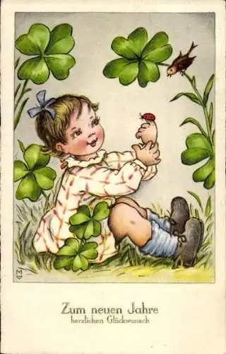 Künstler Ak Glückwunsch Neujahr, Mädchen, Glücksklee, Marienkäfer, Vogel
