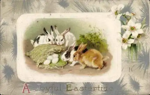 Präge Ak Glückwunsch Ostern, Osterhasen, Blumen, Eier