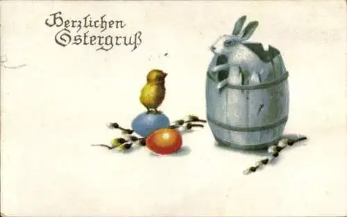 Ak Glückwunsch Ostern, Osterhase im Fass, Weidenkätzchen, Ostereier, Küken