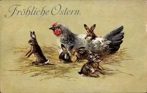 Ak Glückwunsch Ostern, Henne und Hasen auf Stroh, Hasenjungen