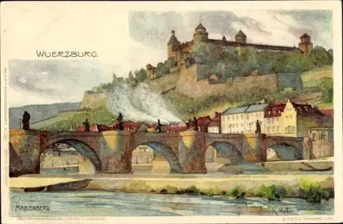 Künstler Litho Mutter, K, Würzburg am Main Unterfranken, Marienberg, Brücke