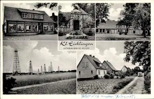 Ak Klein Eicklingen in Niedersachsen, Kaufhaus Artur Bock, Ehrenmal, Rittergut, Ölbohrtürme