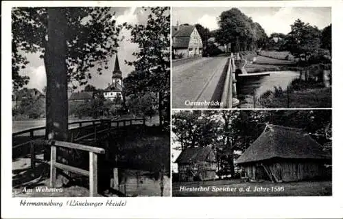 Ak Hermannsburg in der Lüneburger Heide, Am Wehrsteg, Oertzebrücke, Hiesterhof Speicher