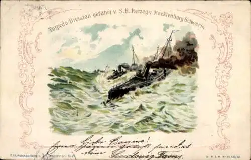 Litho Deutsches Kriegsschiff, Torpedo-Division, geführt von dem Herzog von Mecklenburg-Schwerin