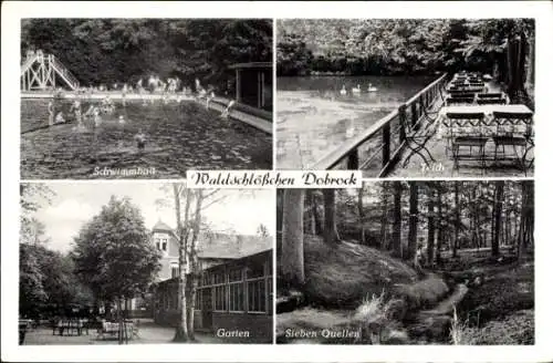 Ak Dobrock Wingst in Niedersachsen, Waldschlösschen, Schwimmbad, Sieben Quellen, Garten, Teich