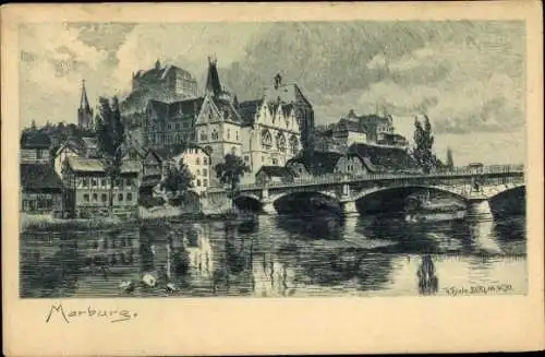 Künstler Ak Marburg an der Lahn, Teilansicht, Brücke