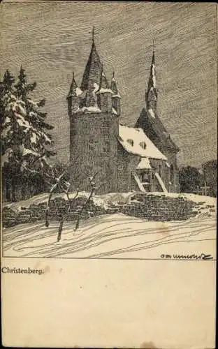 Künstler Ak Münchhausen am Burgwald Hessen, Christenberg, Martinskirche, Winter