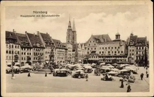 Ak Nürnberg in Mittelfranken Bayern, Hauptmarkt mit Sebalduskirche