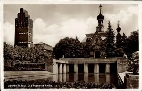 Ak Darmstadt in Hessen, Teich, russische Kirche