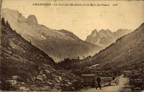 Ak Chamonix Mont Blanc Haute Savoie, Mer de Glace, Le Col des Montets, Auto