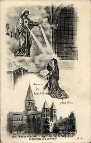 Ak Paray le Monial Saône et Loire, Apparition sur le Maitre-Autel et Basilique du Sacre-Coeur