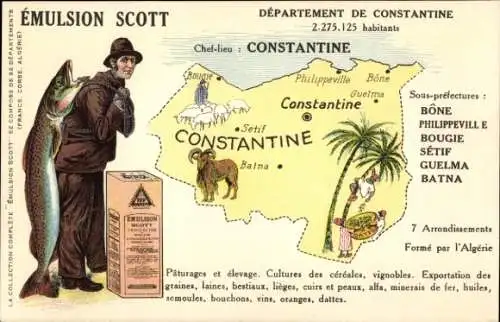 Landkarten Ak Constantine Algerien, Émulsion Scott, Fischer mit Fang, Bône