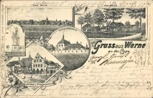 Litho Werne an der Lippe Westfalen, Stadt, Bad, Denkmal, Klosterkirche, Rathaus, Kriegerdenkmal