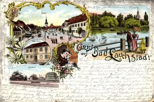 Litho Bad Lauchstädt im Saalekreis, Marktplatz, Schillerhaus, Bahnhof