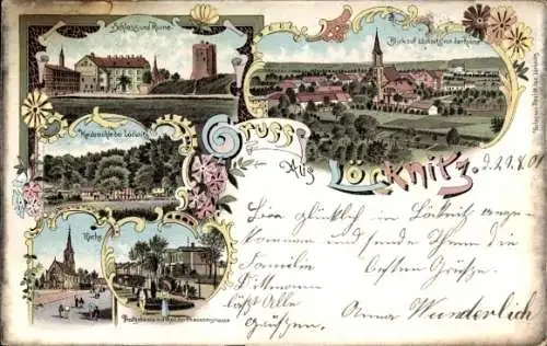 Litho Löcknitz in Vorpommern, Schloss, Ruine, Heidemühle, Kirche, Postgebäude, Chausseestraße