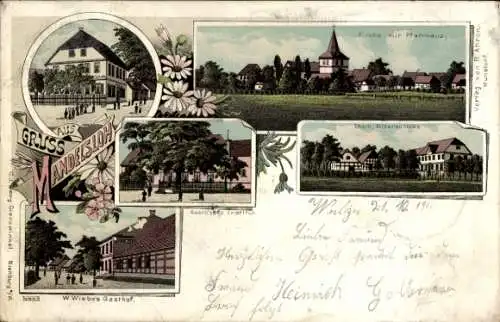 Litho Mandelsloh Neustadt am Rübenberge, Kirche, Pfarrhaus, Ritterschloss, Wiebe's Gasthof, Institut